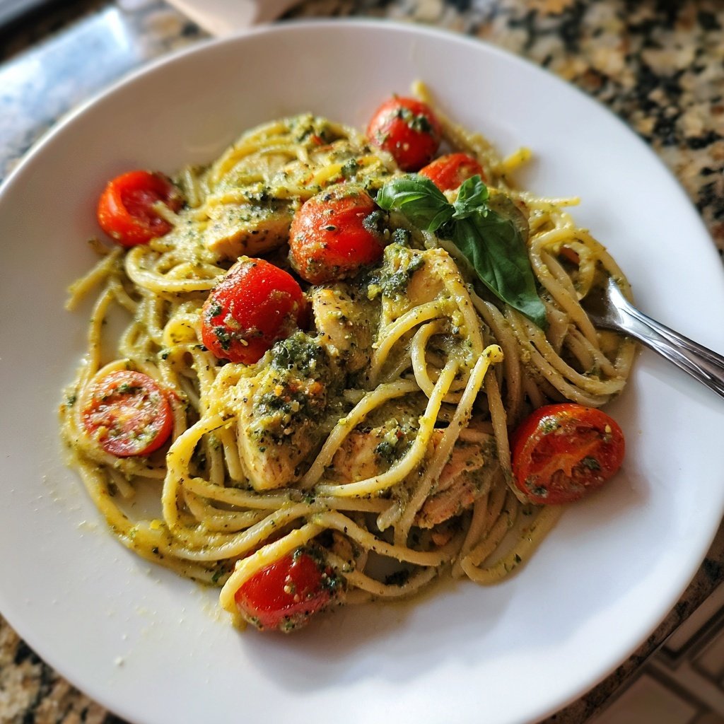 Chicken Pesto Noodles with Cherry Tomatoes