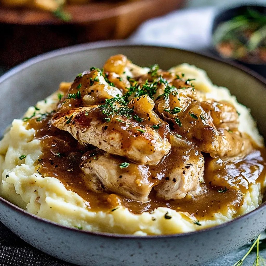 Chicken and Garlic Gravy with Cheesy Mashed Potatoes