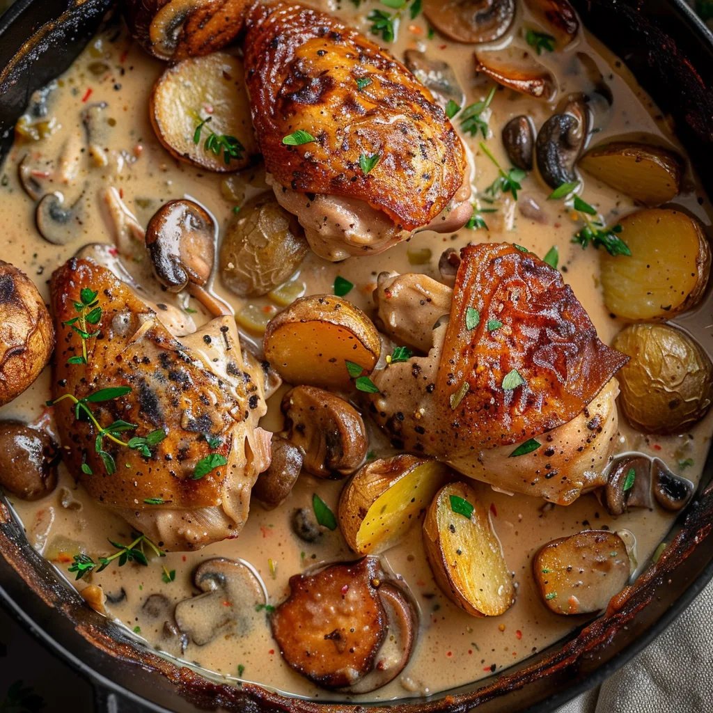 Herb Roasted Chicken in Creamy White Sauce with Mushroom and Potatoes